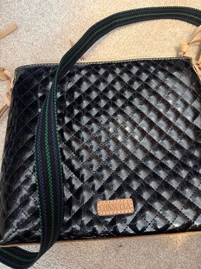 Consuela Black Quilted Crossbody with Striped Green-Blue Strap